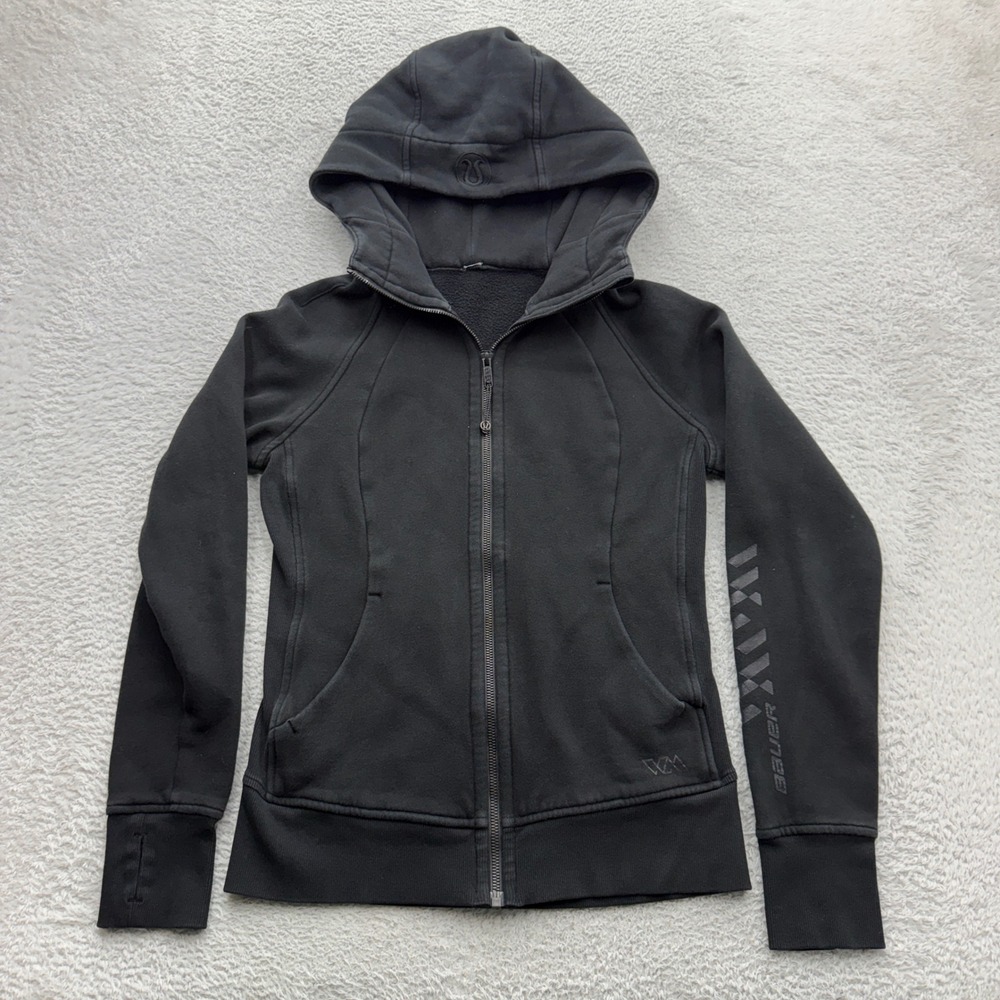 Lululemon Scuba Full Zip Hoodie Black Bauer Graphic Size 6 Thumbholes Fleece